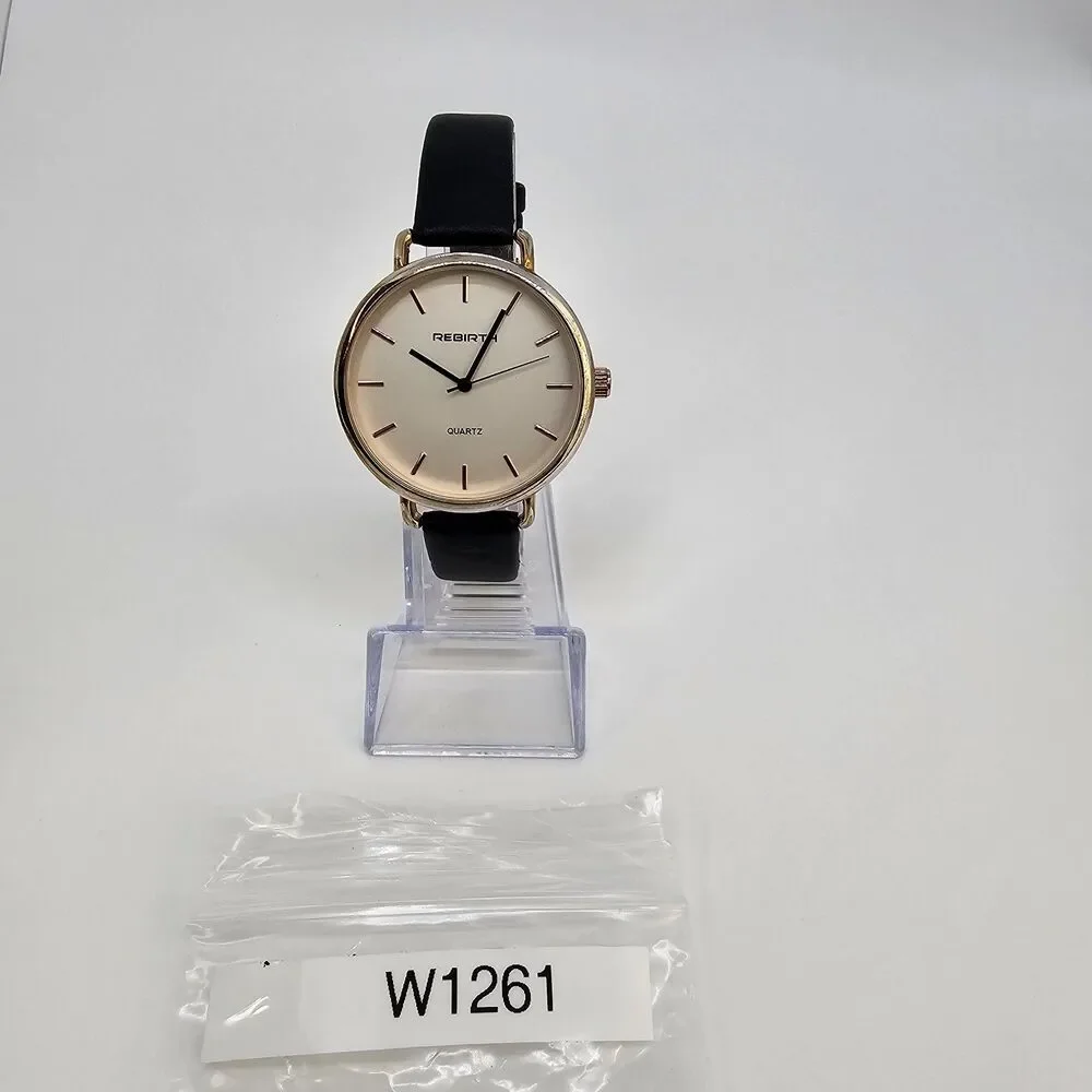 Rebirth Women's‎ Watch 41MM Gold Dial Black Leather Bands New Battery